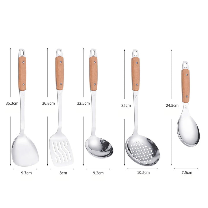 5-Piece Stainless Steel Kitchen Utensil Set with Wooden Handles