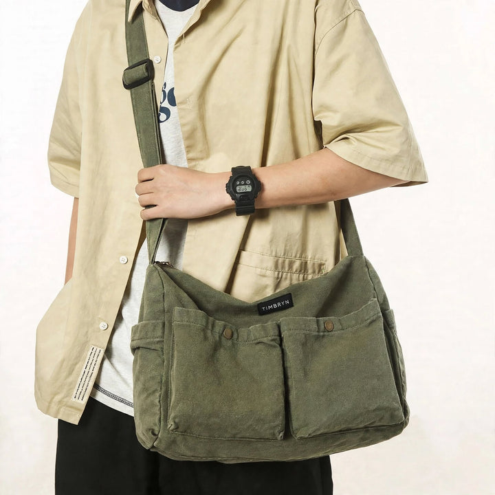 TIMBRYN Olive Green Canvas Shoulder Bag – Multi-Pocket Crossbody Messenger Bag for Everyday Carry & Travel