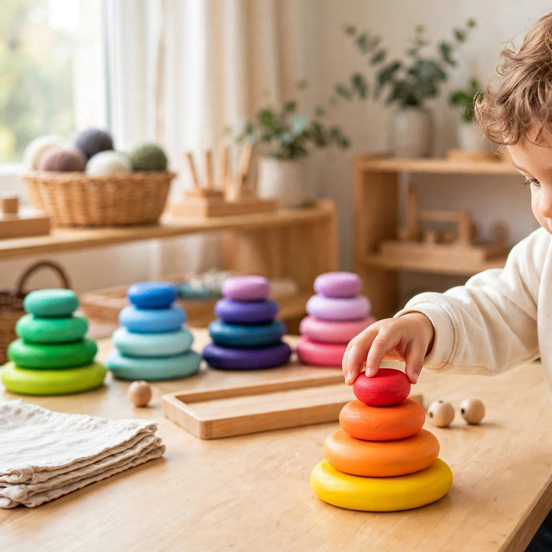 Montessori Wooden Stacking Pebbles Set – Rainbow Balance & Sorting Toy for Toddlers
