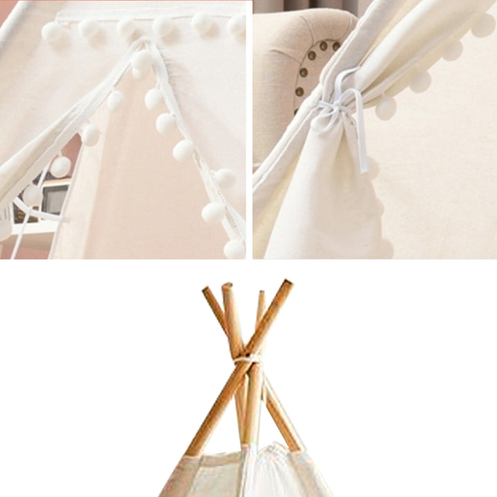 Large Foldable Kids Canvas Teepee Play Tent With Lights  ( White ) - Green Walnut Inc.