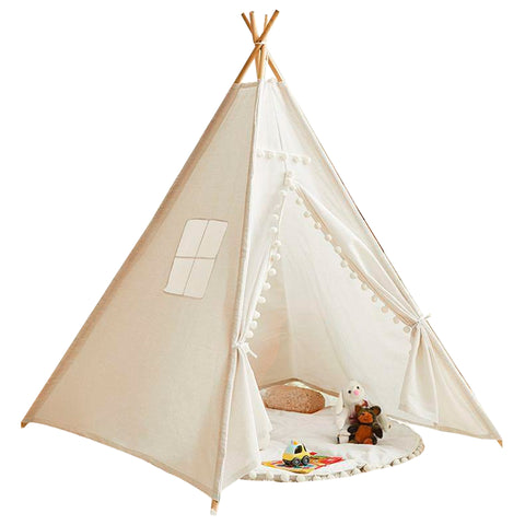 Large Foldable Kids Canvas Teepee Play Tent With Lights  ( White ) - Green Walnut Inc.