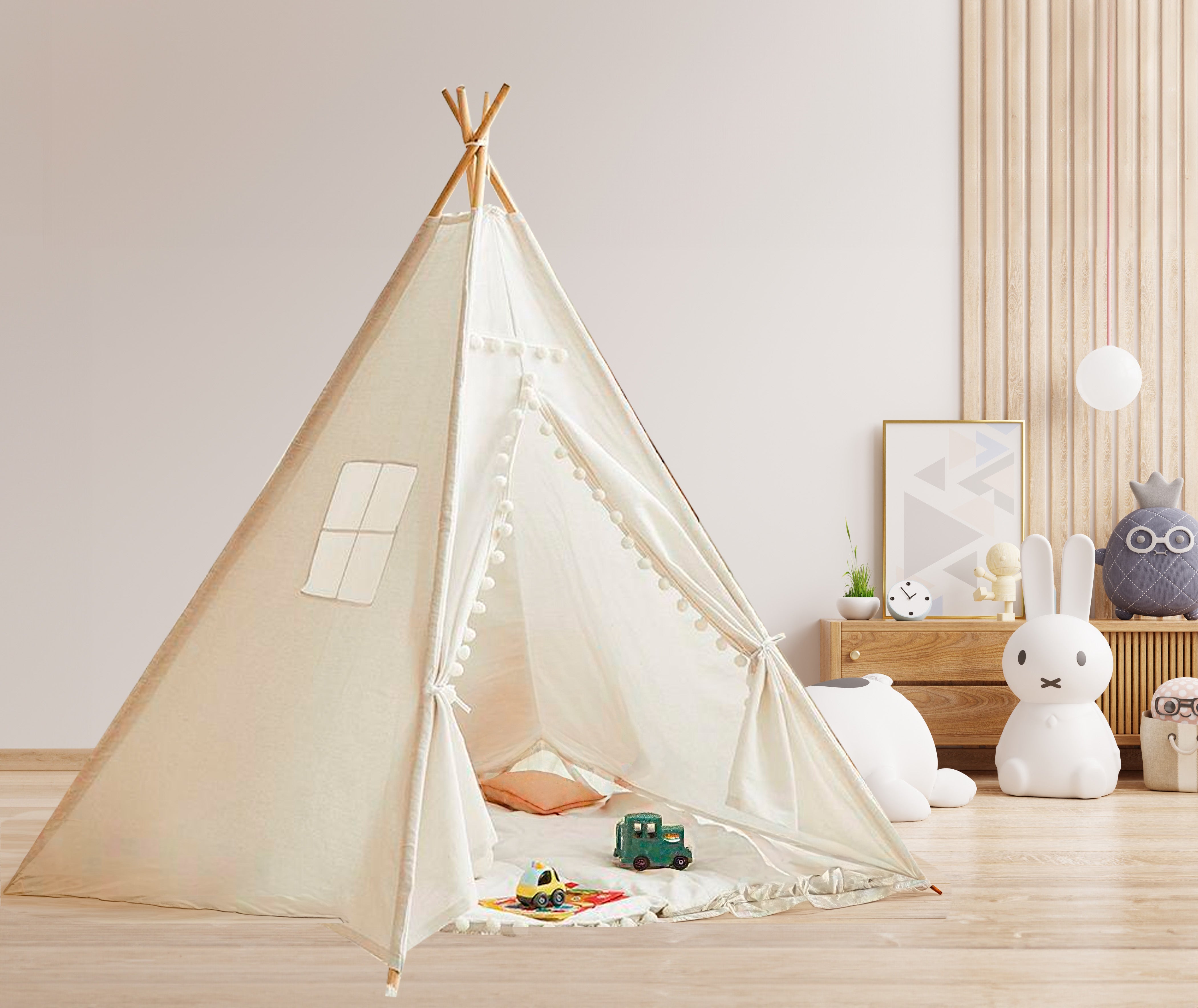 Large Foldable Kids Canvas Teepee Play Tent With Lights White Green Walnut Inc