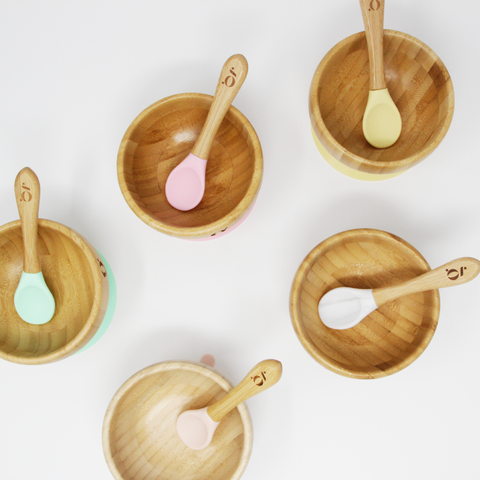 Bamboo Baby Toddler Dinnerware Set | Silicone Suction Bamboo Plate | Silicone Suction Bamboo Bowl | Silicone Bamboo Spoon| Green Walnut