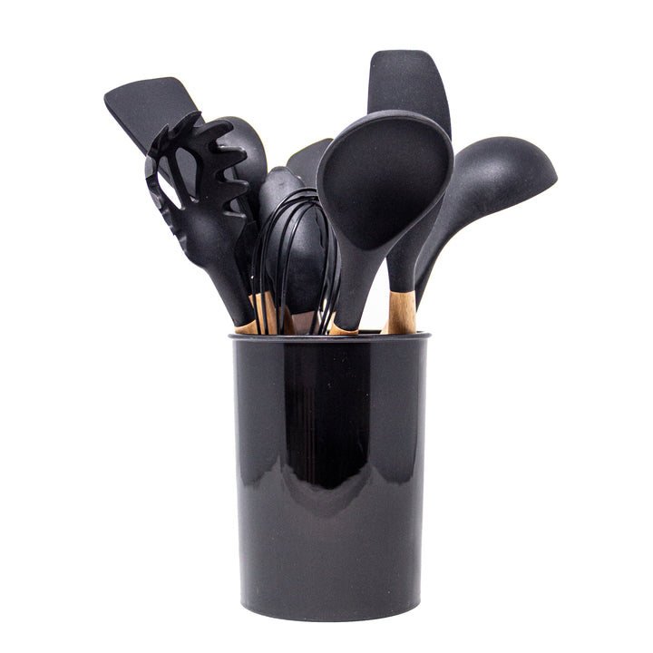 Silicone Wood Kitchen Utensils | Green Walnut | Black