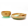 Bamboo Baby Toddler Dinnerware Set | Silicone Suction Bamboo Plate | Silicone Suction Bamboo Bowl | Silicone Bamboo Spoon| Green Walnut