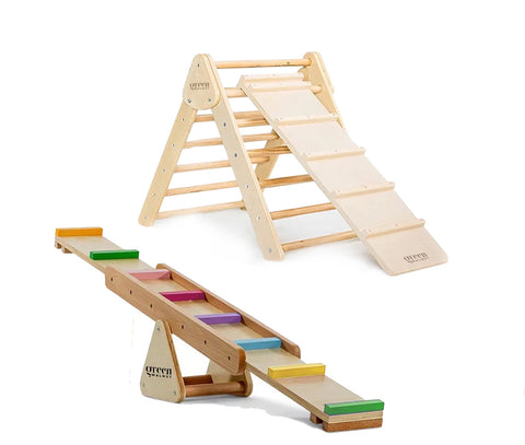 Set of 2 Wooden Pikler Triangle With Slide / Ramp & Wooden Indoor Seesaw - Green Walnut Inc.