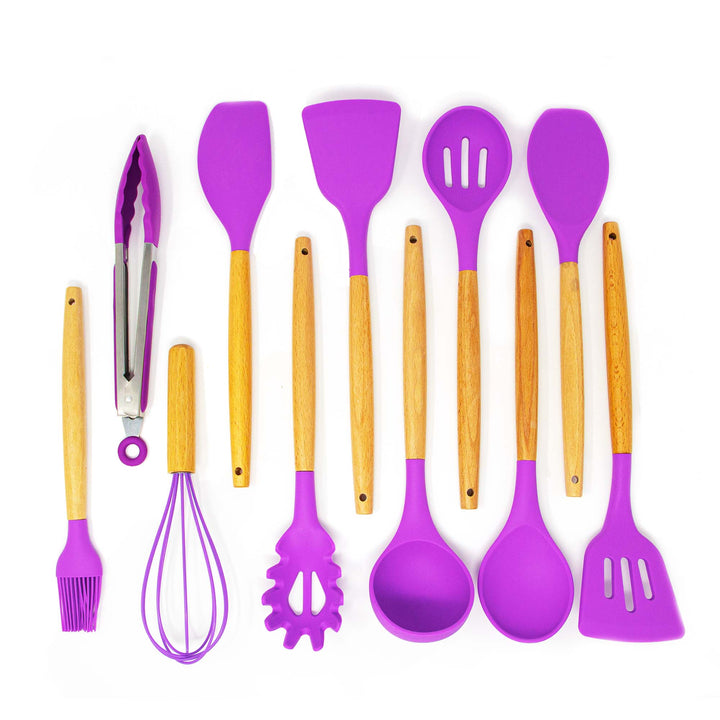 Silicone Wood Kitchen Utensils | Green Walnut | Purple