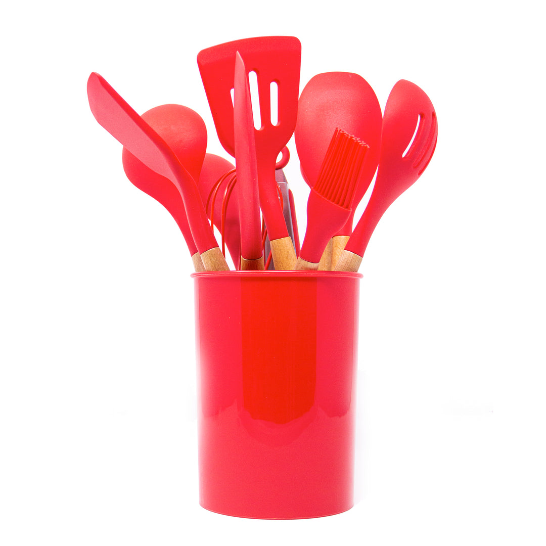 Silicone Wood Kitchen Utensils | Green Walnut | Red