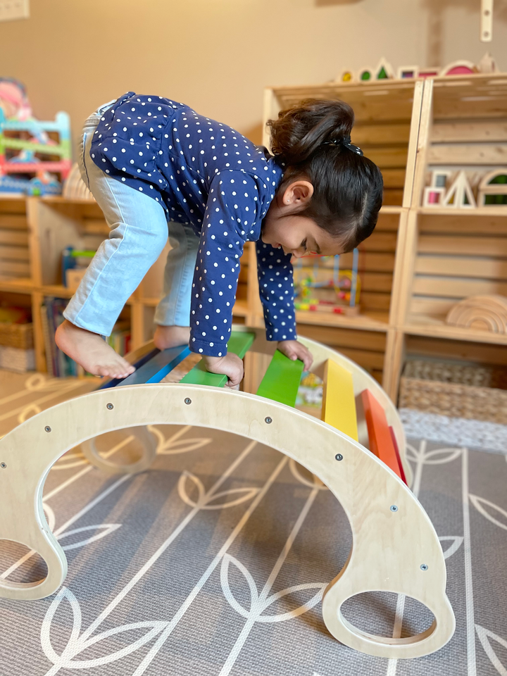 Green Walnut rainbow rocker, climbing arch, open ended toy