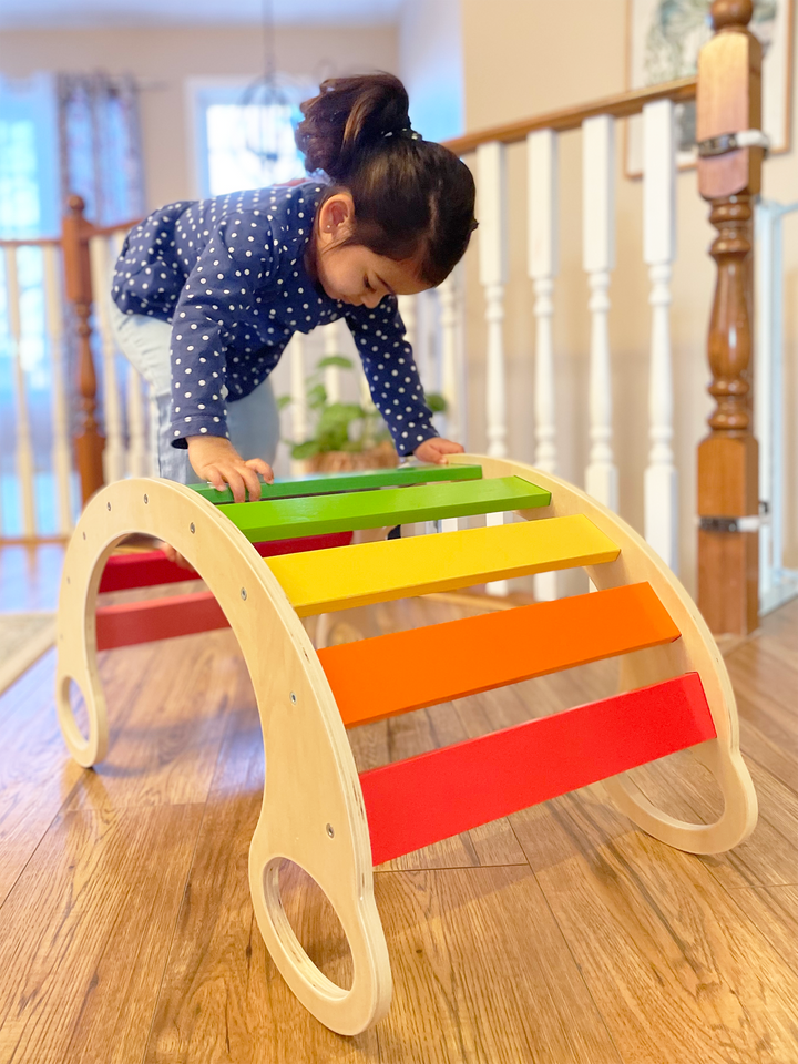 Green Walnut rainbow rocker, climbing arch, open ended toy