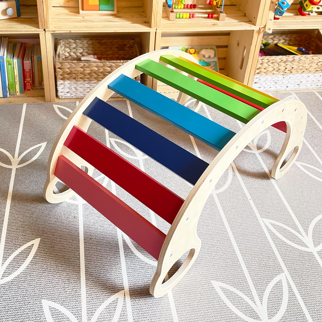 Green Walnut rainbow rocker, climbing arch, open ended toy