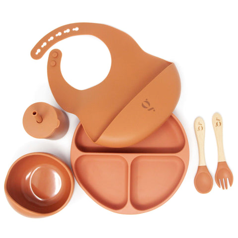 Silicone Baby Toddler Dinnerware Set | Silicone Suction Plate | Silicone Suction Bowl | Silicone Sippy Cup | Silicone Bib | Silicone Wood Spoon and Fork | Green Walnut 