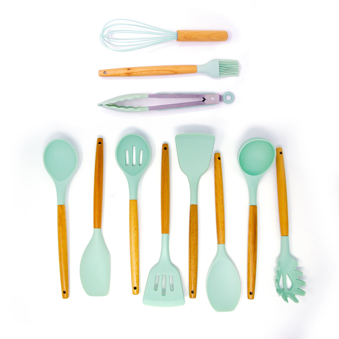 Silicone Wood Kitchen Utensils | Green Walnut | Mint