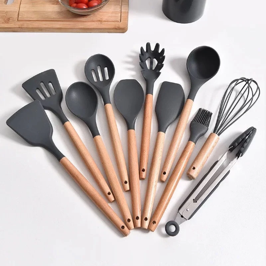 Silicone Wood Kitchen Utensils | Green Walnut | Grey